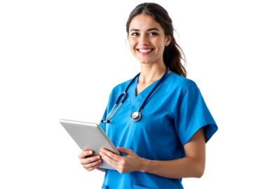 a woman in scrubs holding a tablet