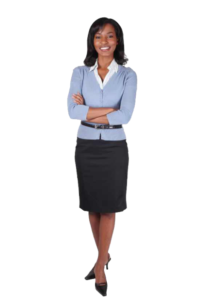 a woman in a blue shirt and black skirt