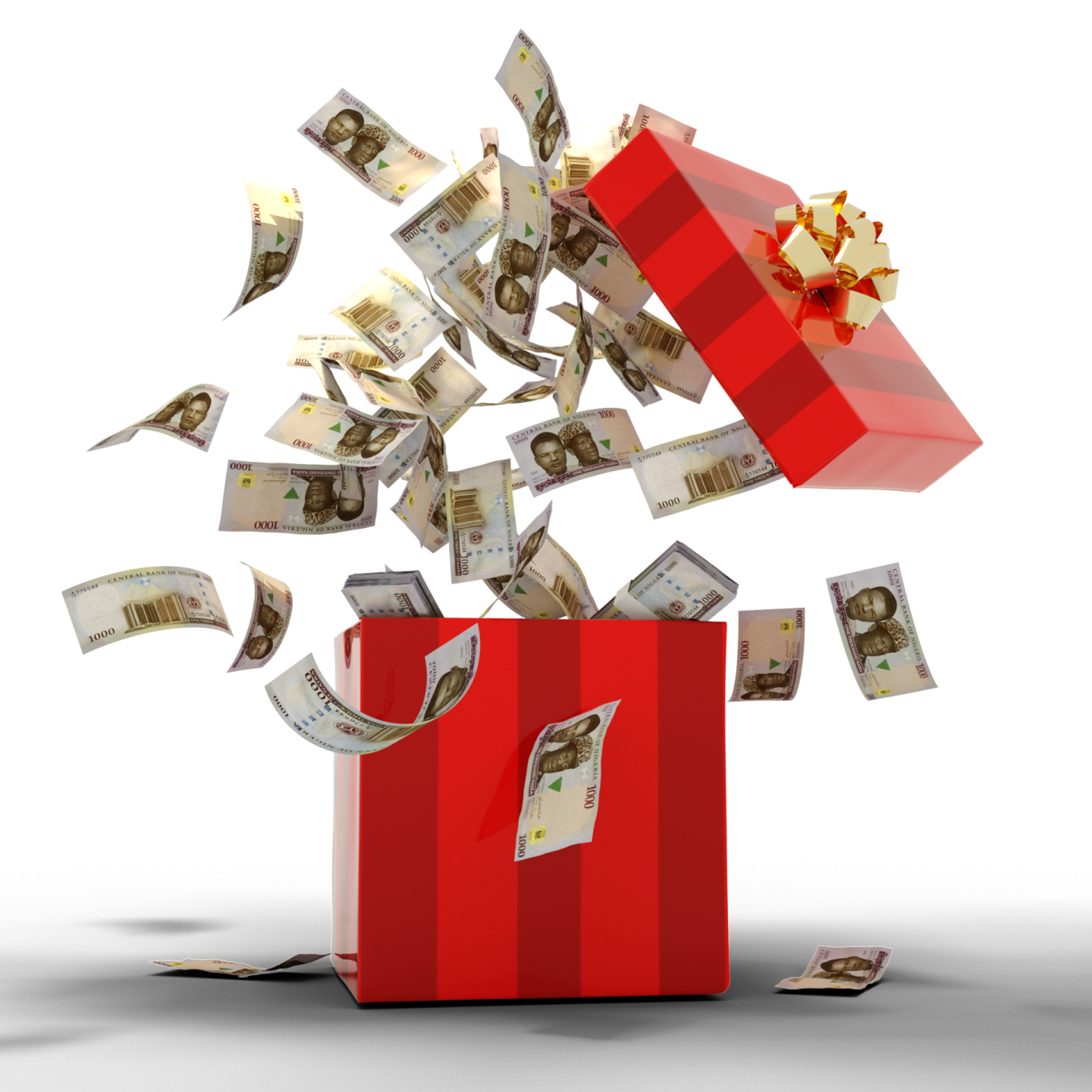a red gift box filled with money