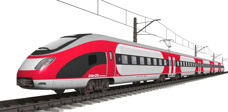 a red and white train on tracks