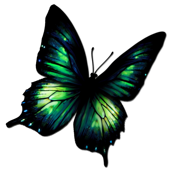 a green butterfly with blue and black wings