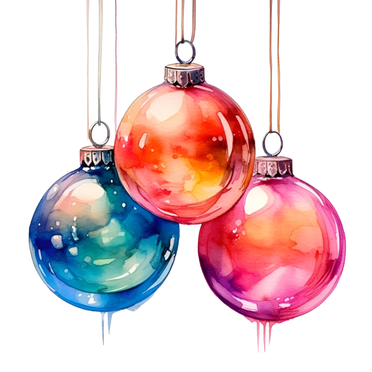 three watercolor christmas ornaments on a white background