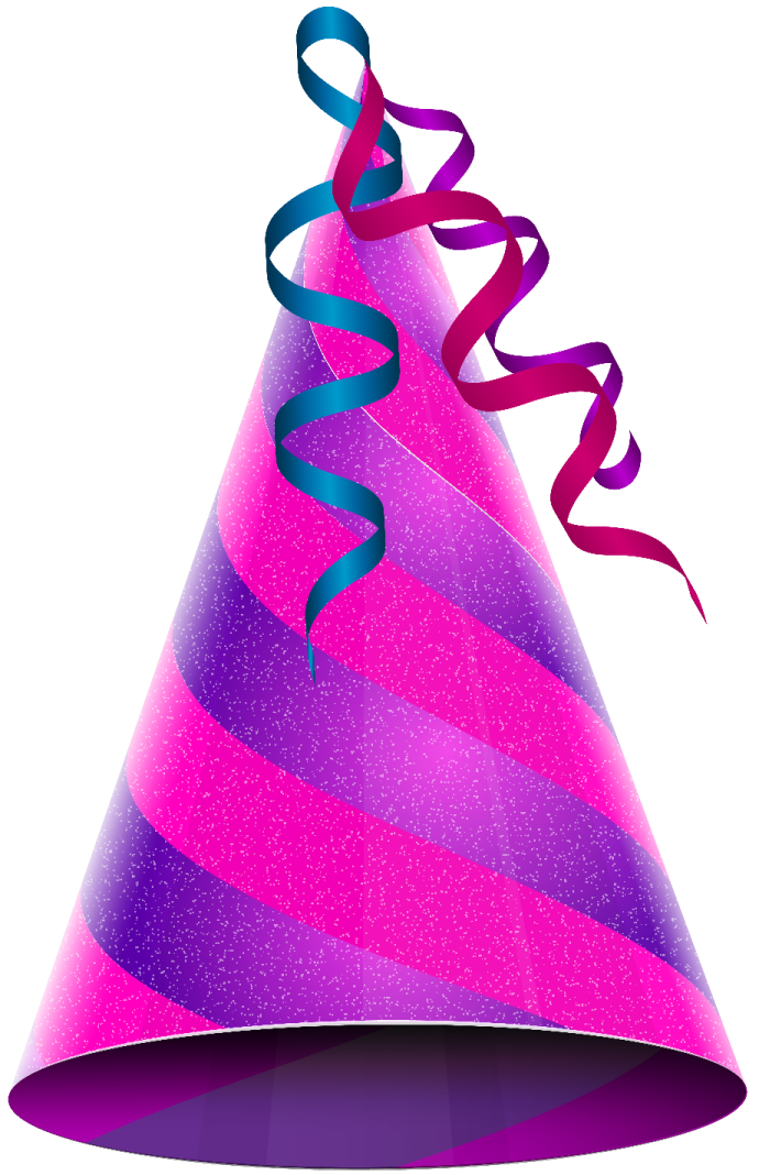 a party hat with pink and purple stripes
