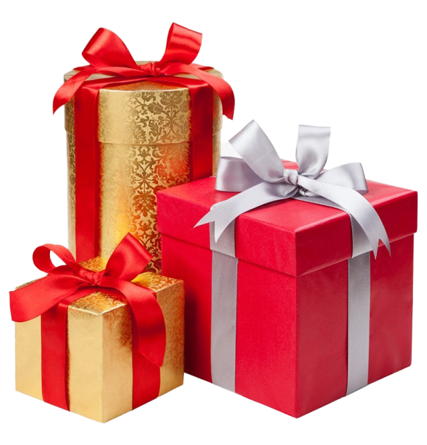 three red and gold gift boxes with bows