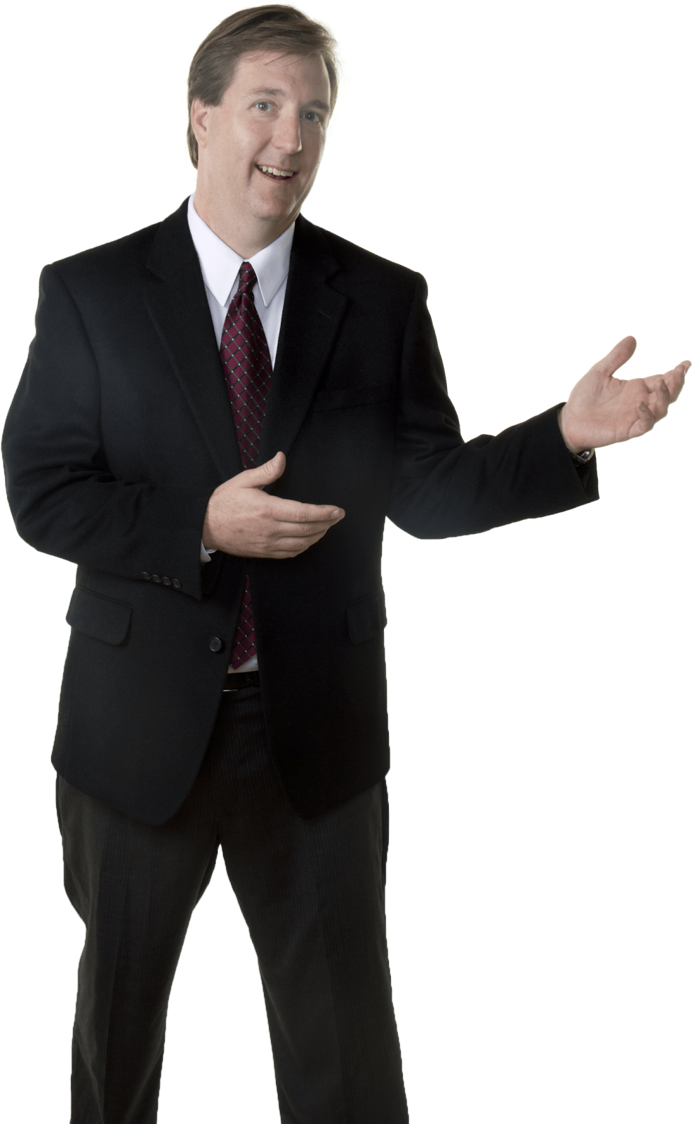 a man in a suit and tie with his hands out