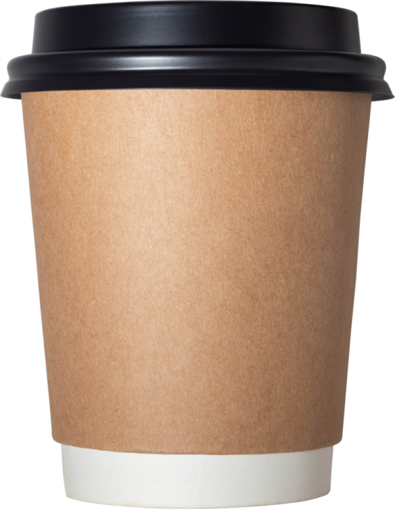 a brown paper cup with black lid
