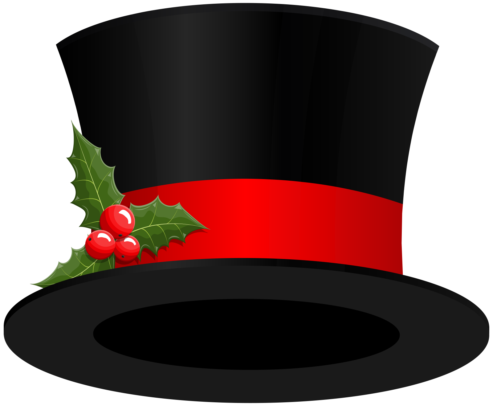 a black top hat with holly and red ribbon