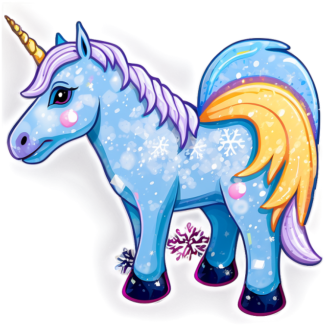 a blue and yellow unicorn standing in the snow
