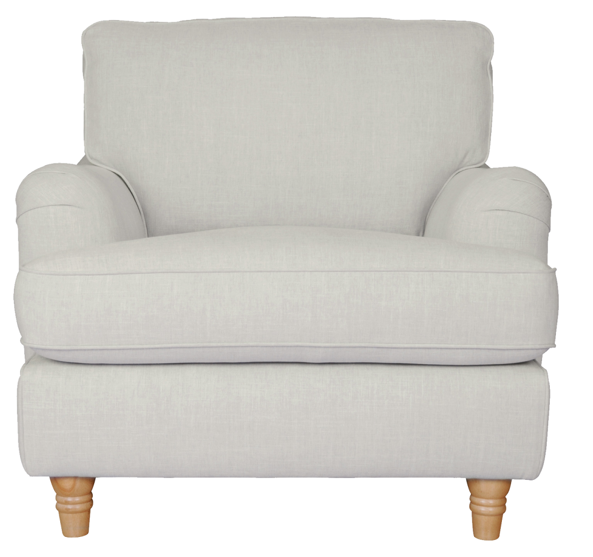 a light grey chair with wooden legs