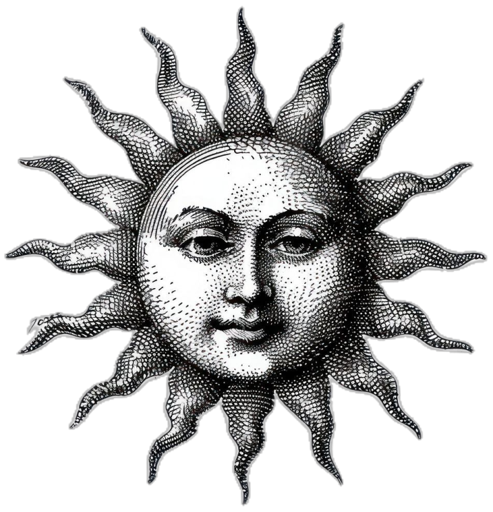a black and white drawing of the sun