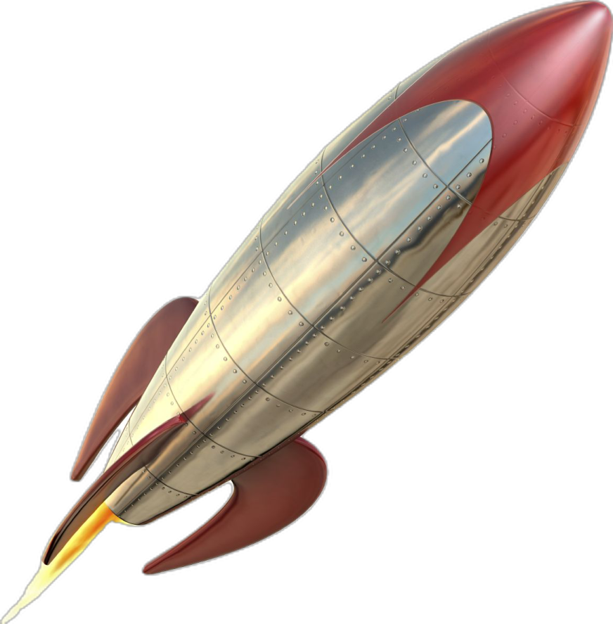 a red and silver rocket flying through the air
