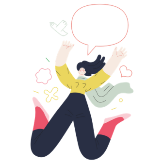a woman sitting on the floor with her hands up and a speech bubble above her head