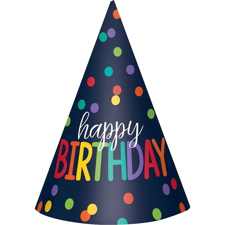 a party hat with the words happy birthday on it