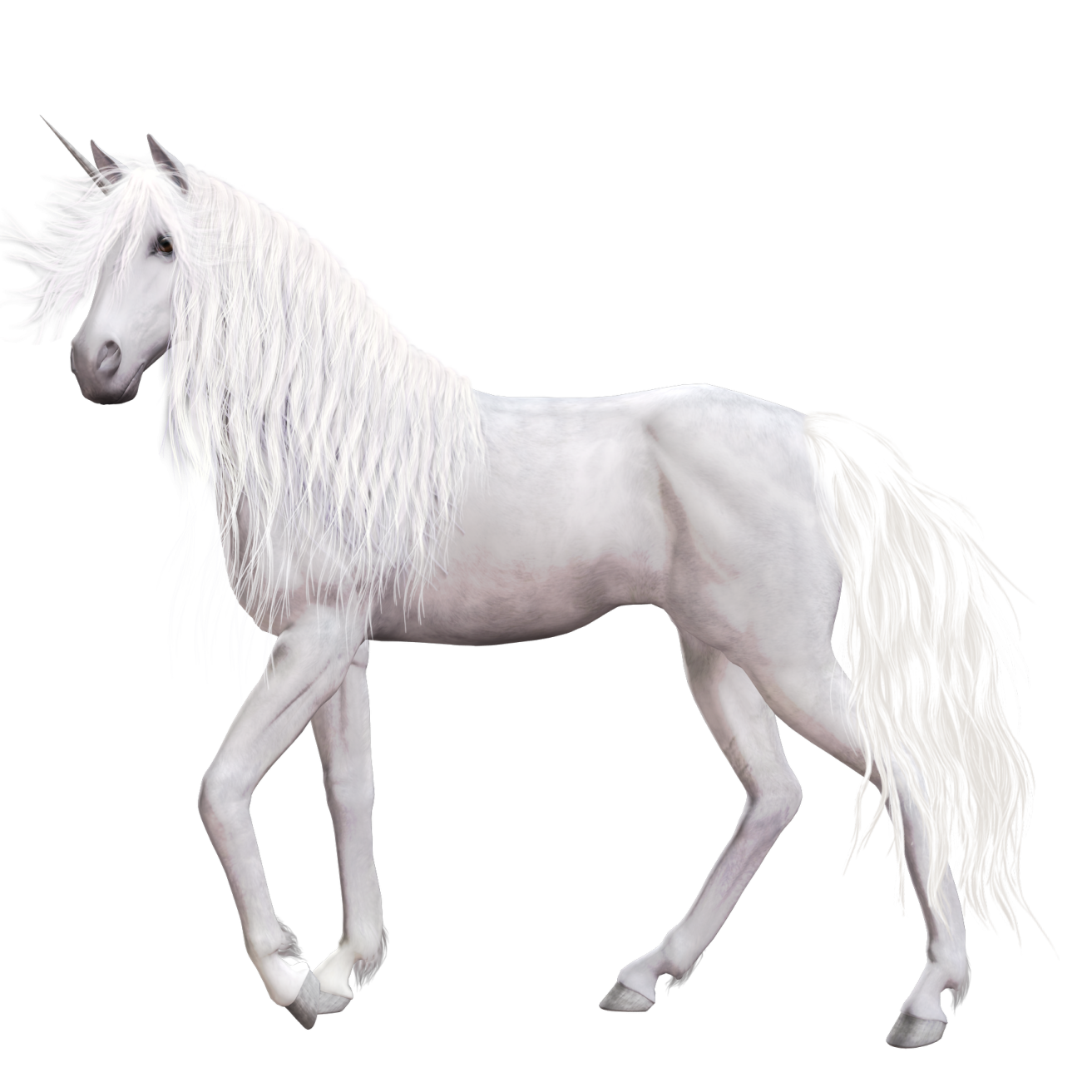 a white unicorn with long hair walking