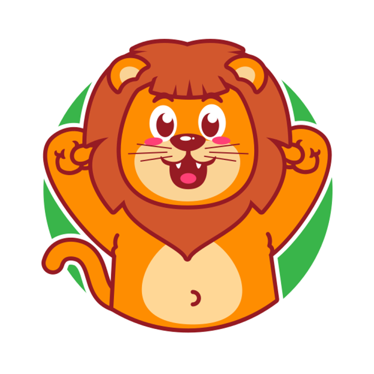 a cartoon lion with green leaves around it