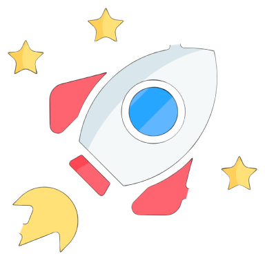 a rocket with stars flying around it