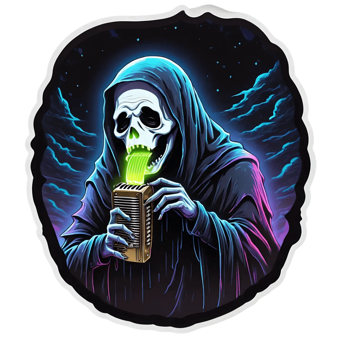a skeleton with a green light in his mouth