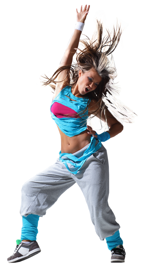 a woman in a blue top and grey pants