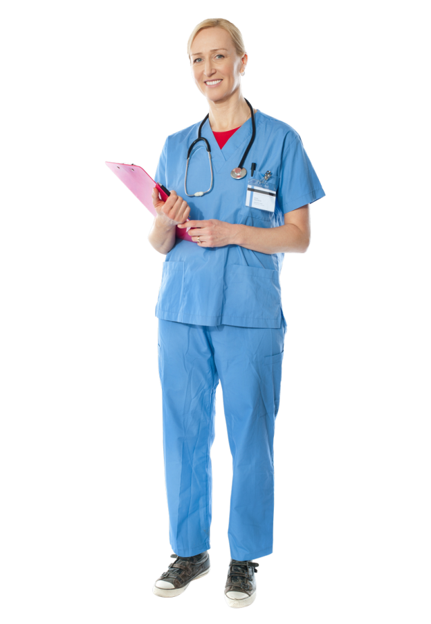 a female nurse holding a clipboard