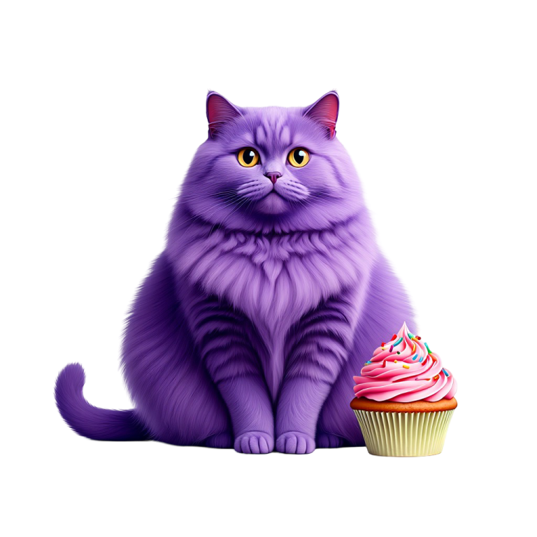a purple cat sitting next to a cupcake