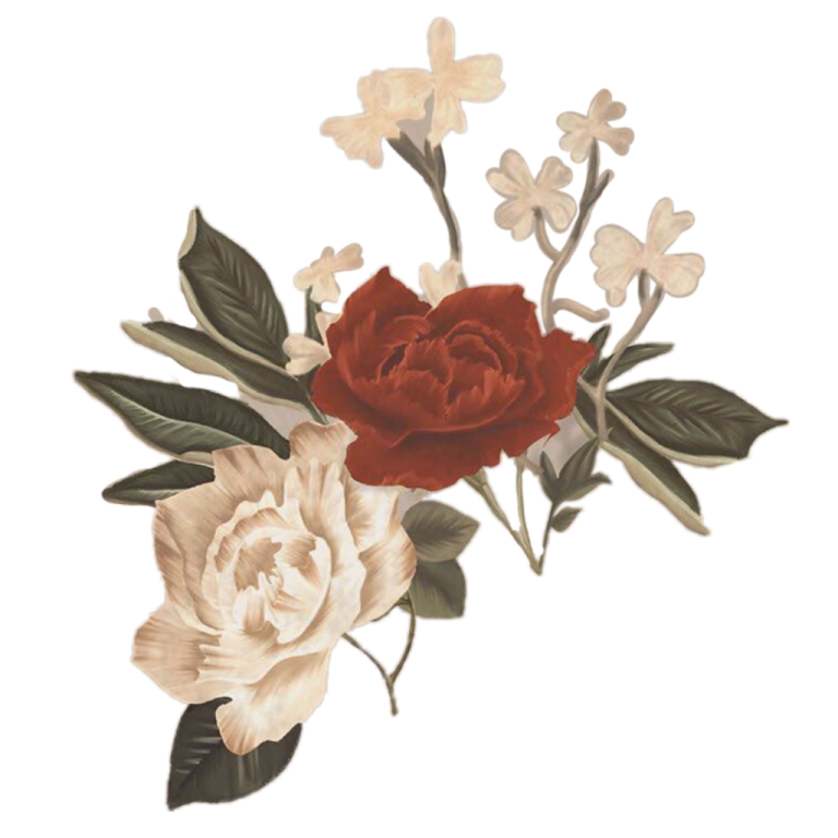 a red rose with white flowers and green leaves