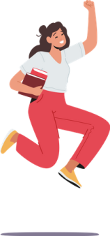 a woman jumping in the air while holding a book