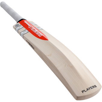 a cricket bat with a red and white logo