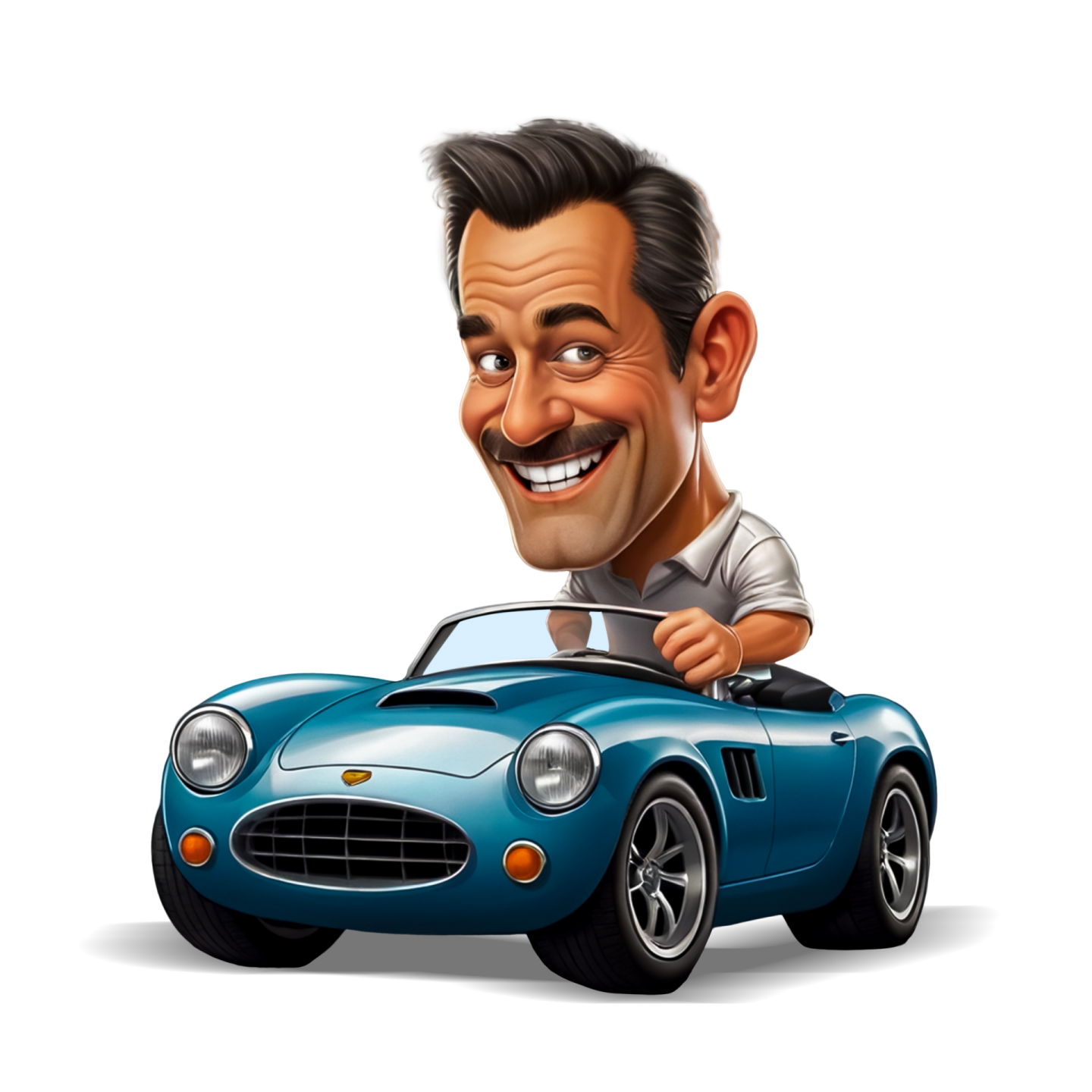 a cartoon character in a blue sports car