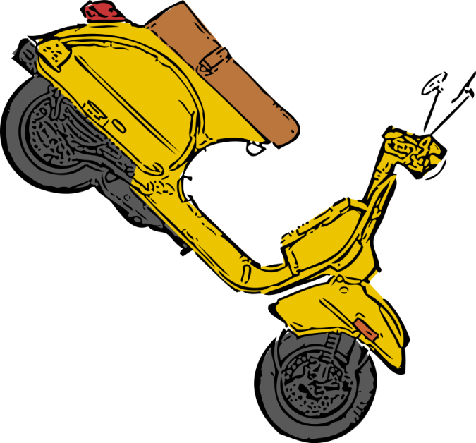 a yellow motorcycle with a brown bag on it