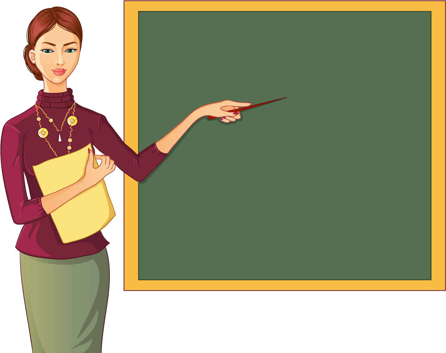 a woman teacher in front of a blackboard