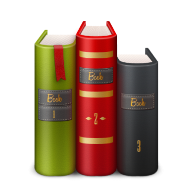 three books with red and green covers