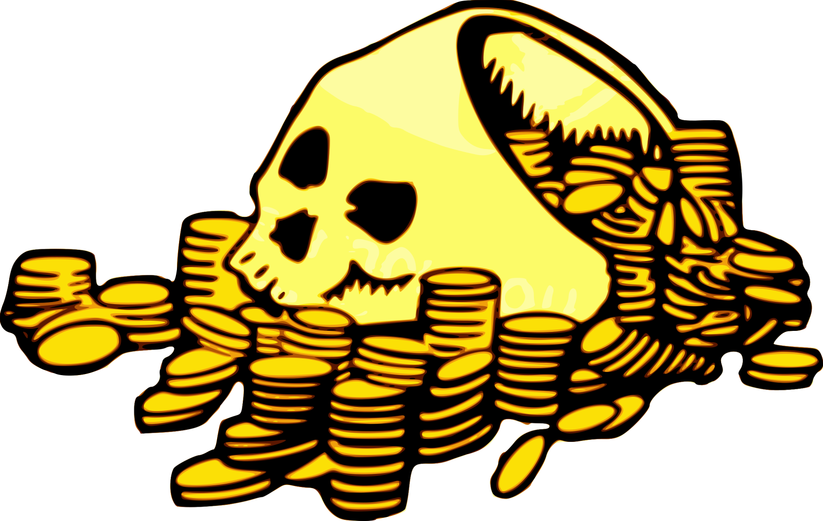 a skull with stacks of coins