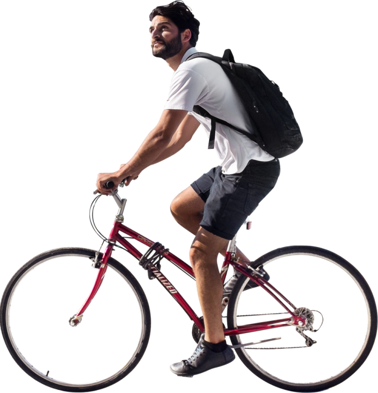 a man riding a bike with a backpack on his back