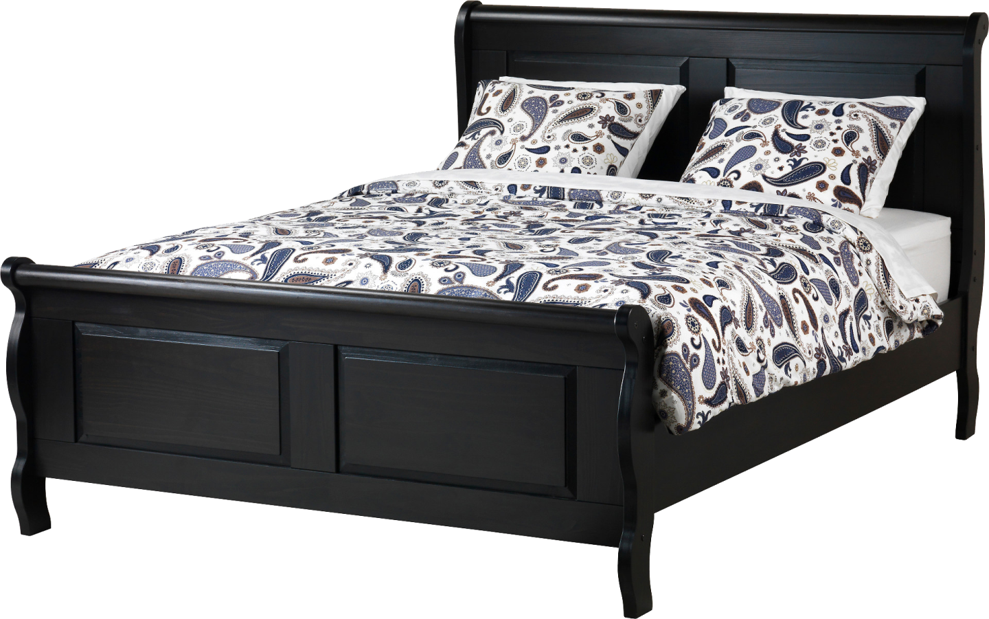a bed with a black frame and headboard