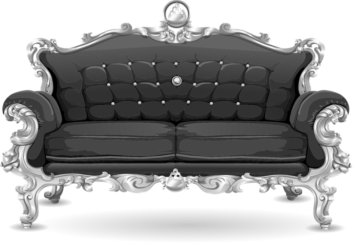 a black and white couch with silver accents