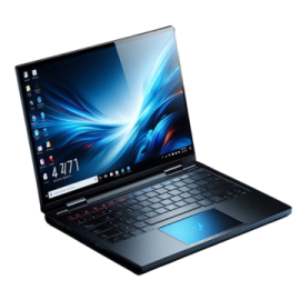 a laptop with a blue and red design on it