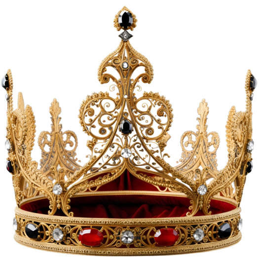 a gold crown with black and white crystals