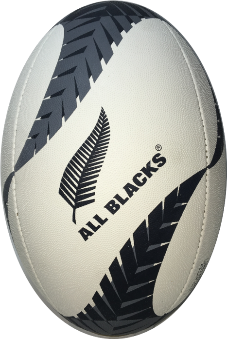 a white and black rugby ball with an all blacks logo