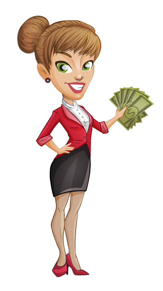 a woman in a business suit holding money