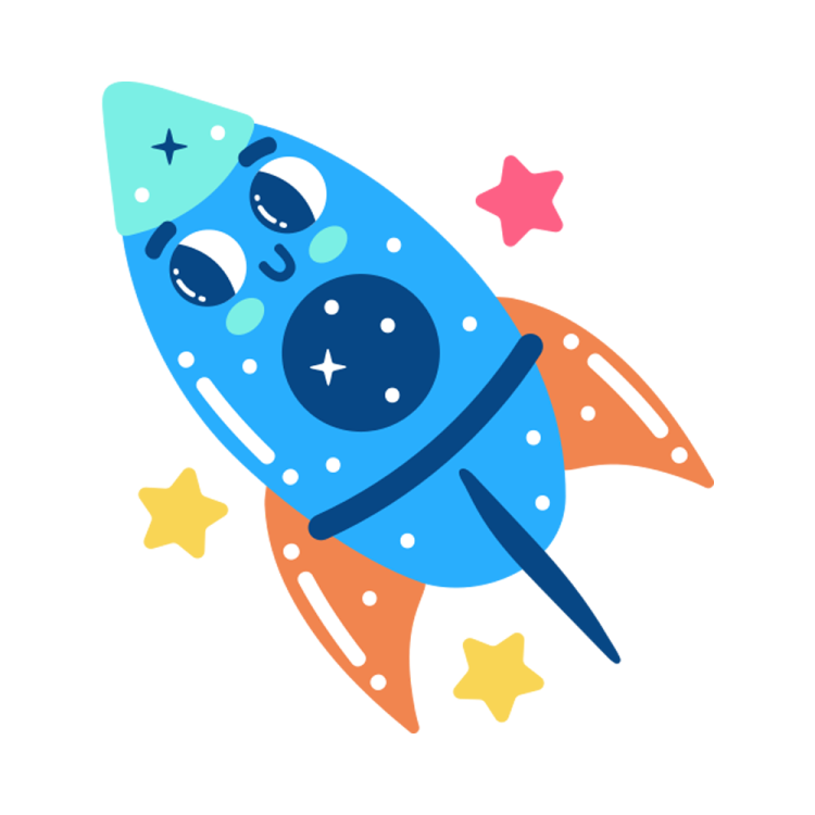 a blue and orange rocket with stars around it
