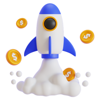 a toy rocket with coins flying out of it