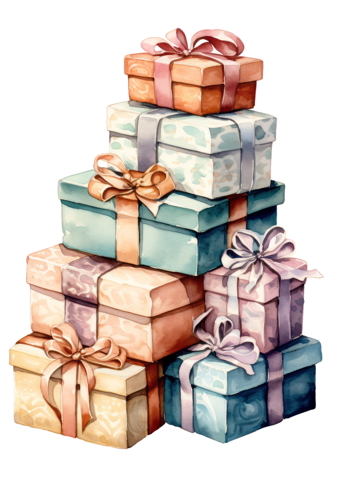 a stack of colorful gift boxes with bows