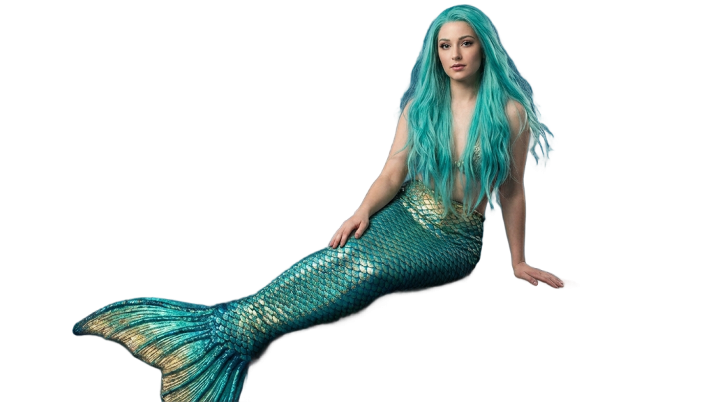 a mermaid with long blue hair sitting on the floor