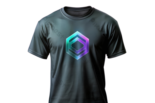 a black t - shirt with a purple and blue logo on the front
