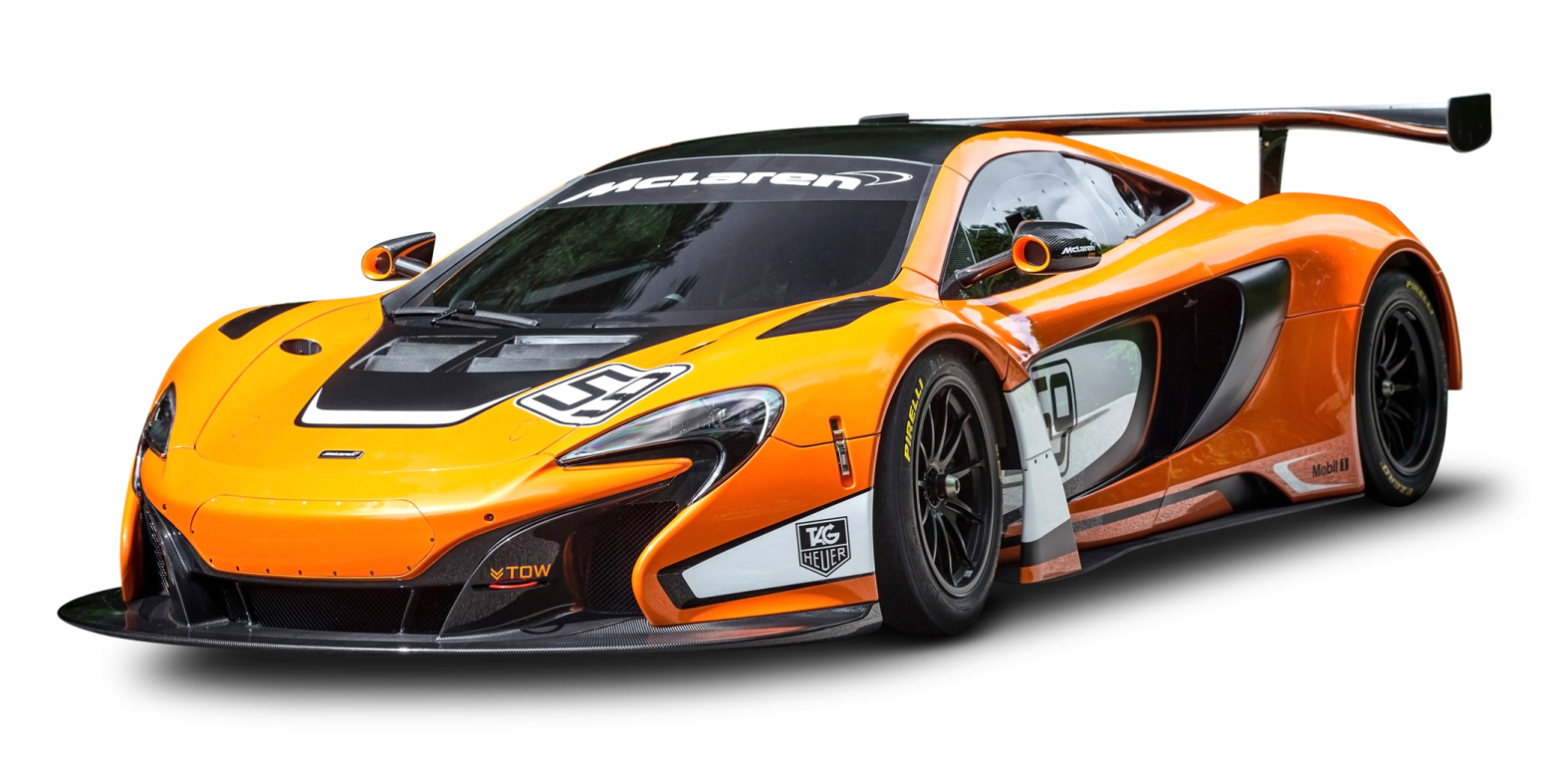 an orange mclaren race car on a white background