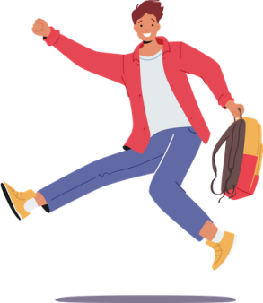 a man in a red jacket and blue jeans running with a backpack