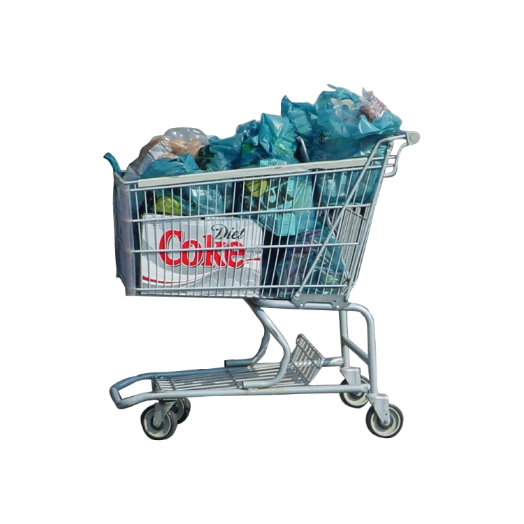 a shopping cart filled with plastic bags