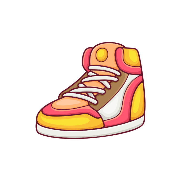 a pair of sneakers with red and yellow soles