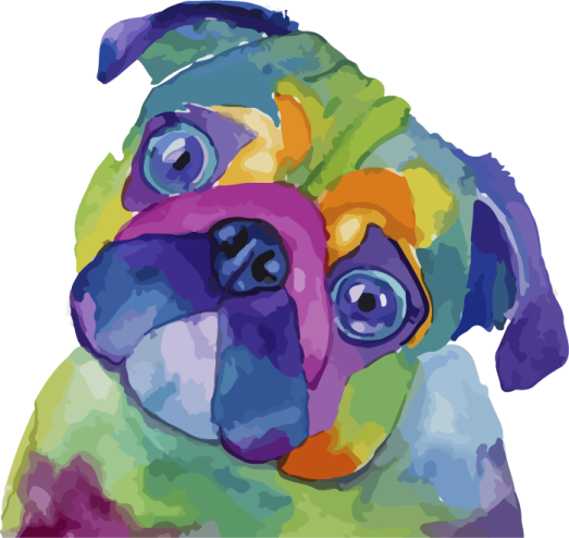 a colorful dog with blue eyes