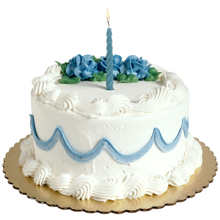 a white cake with blue flowers and a lit candle